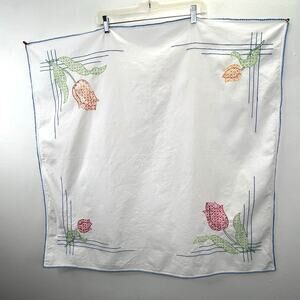 Vintage Embroidered Tablecloth Tulip Crossstitch White Blue Pink Square Cottage